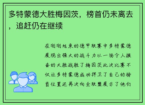 多特蒙德大胜梅因茨，榜首仍未离去，追赶仍在继续