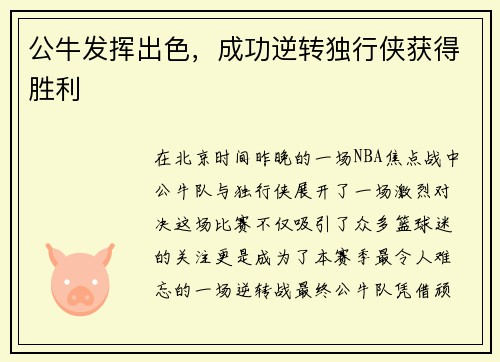 公牛发挥出色，成功逆转独行侠获得胜利