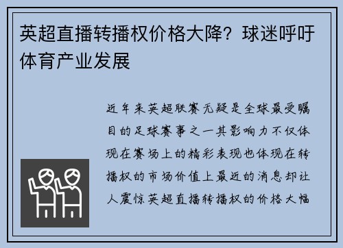英超直播转播权价格大降？球迷呼吁体育产业发展